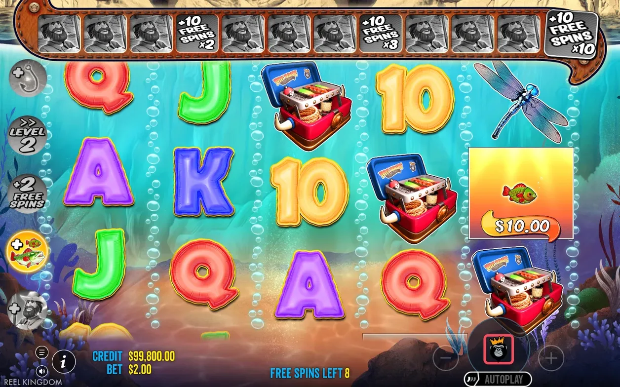 Free spins-tracker bovenaan toont twaalf grijze slots; acht spins resteren en een viswaarde van $10.00 verschijnt.
