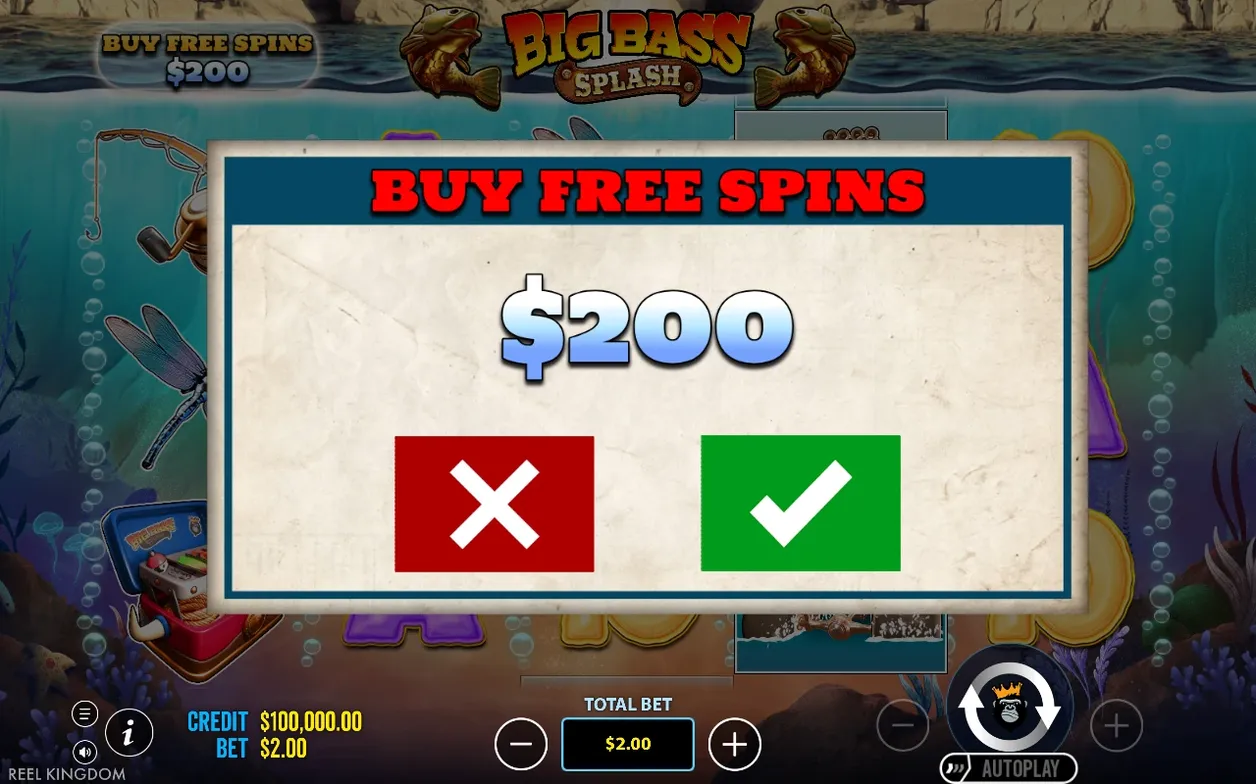Bevestigingspop-up Buy Free Spins voor $200, met rode kruis- en groene vinkknop; totale inzet $2.00.