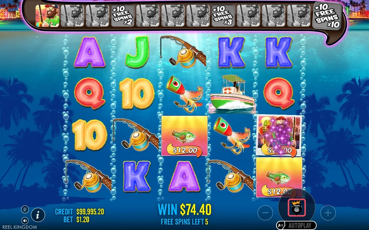Free spins-ronde toont winst $74,40, nog 5 spins resterend, met geldsymbolen $12,00 en $24,00 zichtbaar.