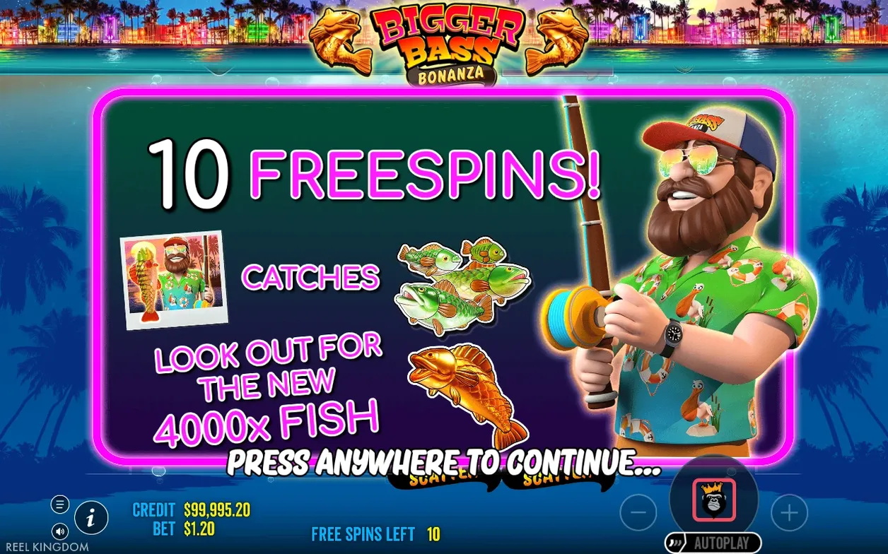 Aankondiging van 10 free spins toont de visser, groene basjes en de gouden 4000x-vis.