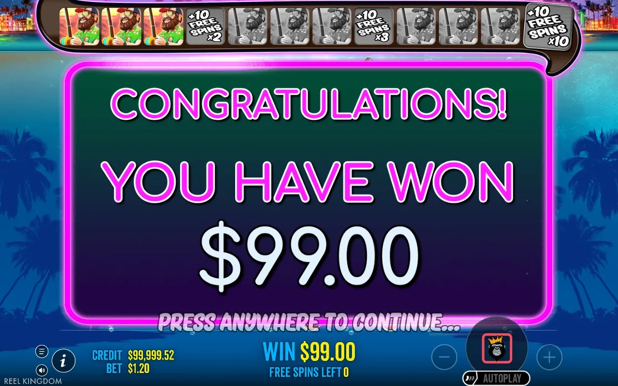 Eindscherm bevestigt $99,00 winst, geen free spins meer en drie verzamelde WILD's bovenin.