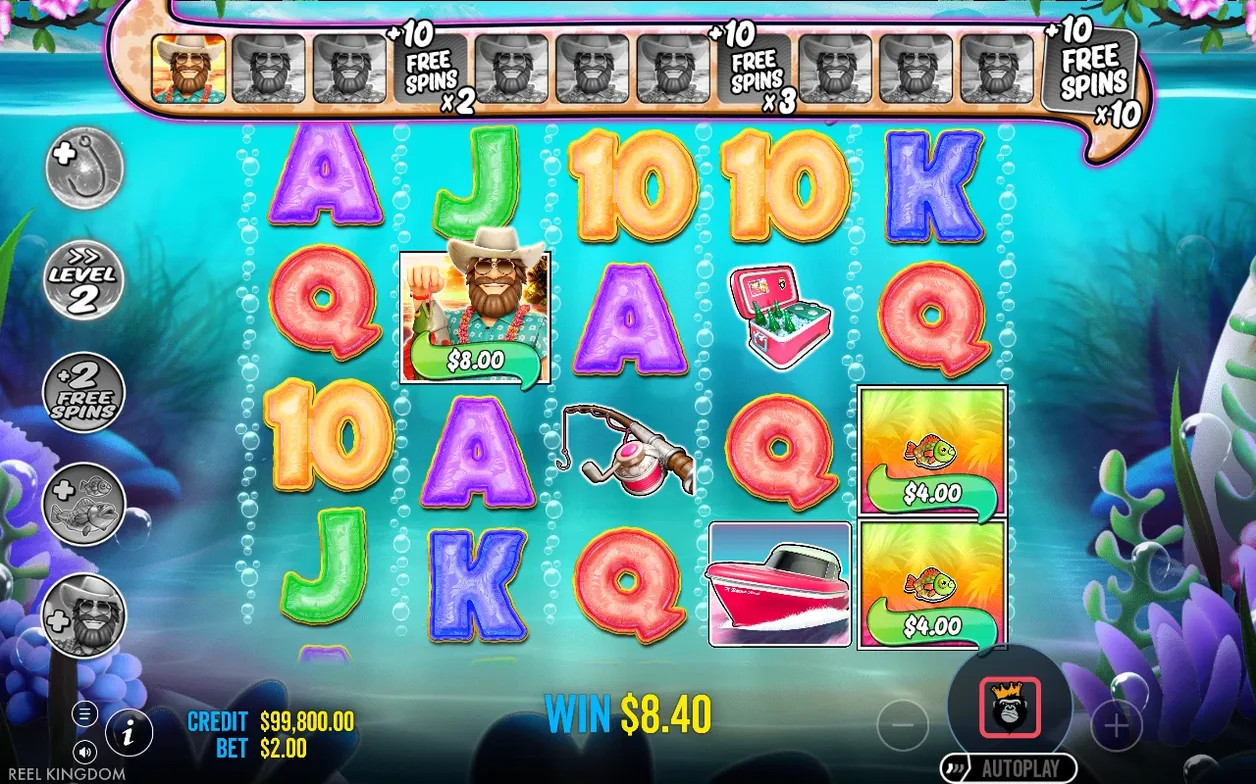 Free spins-scherm toont bovenbalk +10 bij x2, x3, x10, modifier-iconen links, wild-visser verzamelt $8,00, winst $8,40.