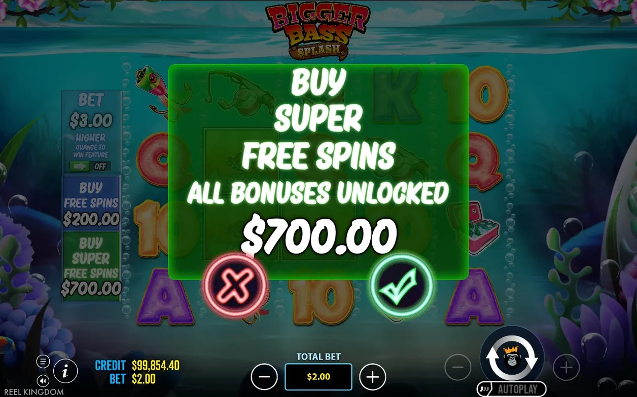 Pop-up voor Buy Super Free Spins toont prijs $700,00, tekst Alle bonussen ontgrendeld en bevestigingsknoppen.