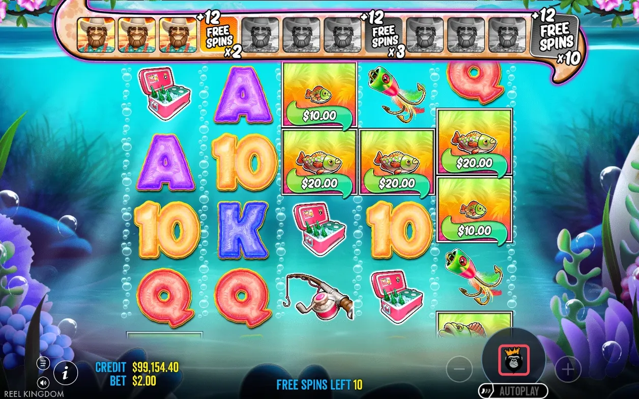 Super free spins-balk toont +12 bij x2, x3 en x10; visgeld $10,00 en $20,00, nog 10 spins over.