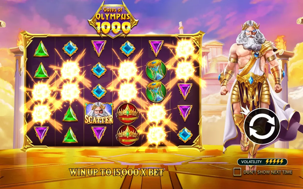 Rooster met edelstenen en explosies naast Zeus; banner meldt 'WIN UP TO 15,000 X BET' onderaan.