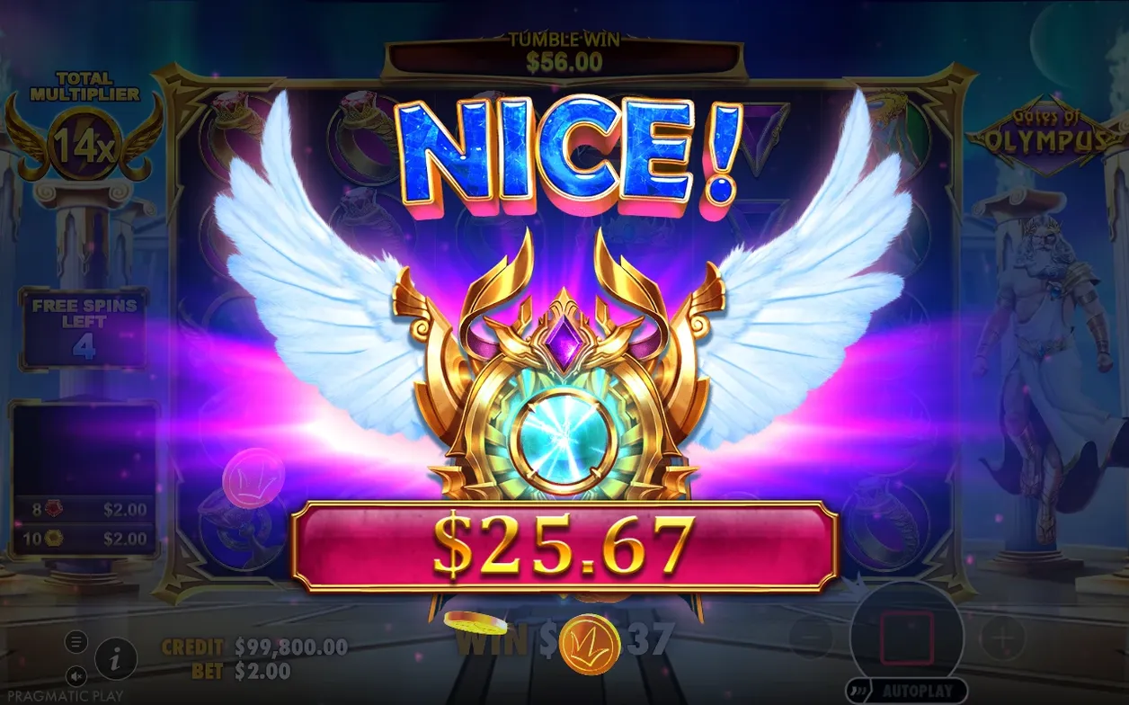 NICE!-winstscherm tijdens free spins toont total multiplier 14x, tumble win $56.00 en winst $25.67.