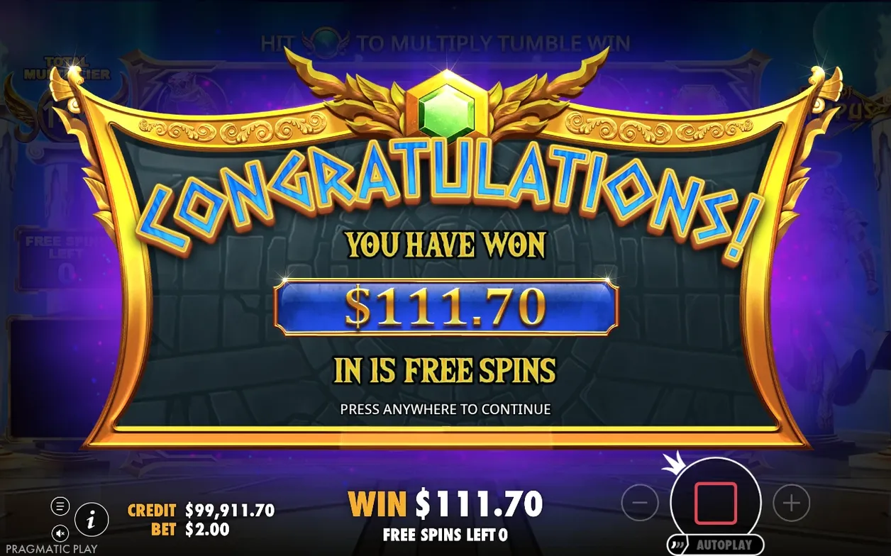 Gouden felicitatiebanner toont $111.70 winst uit 15 free spins, met free spins left op 0.