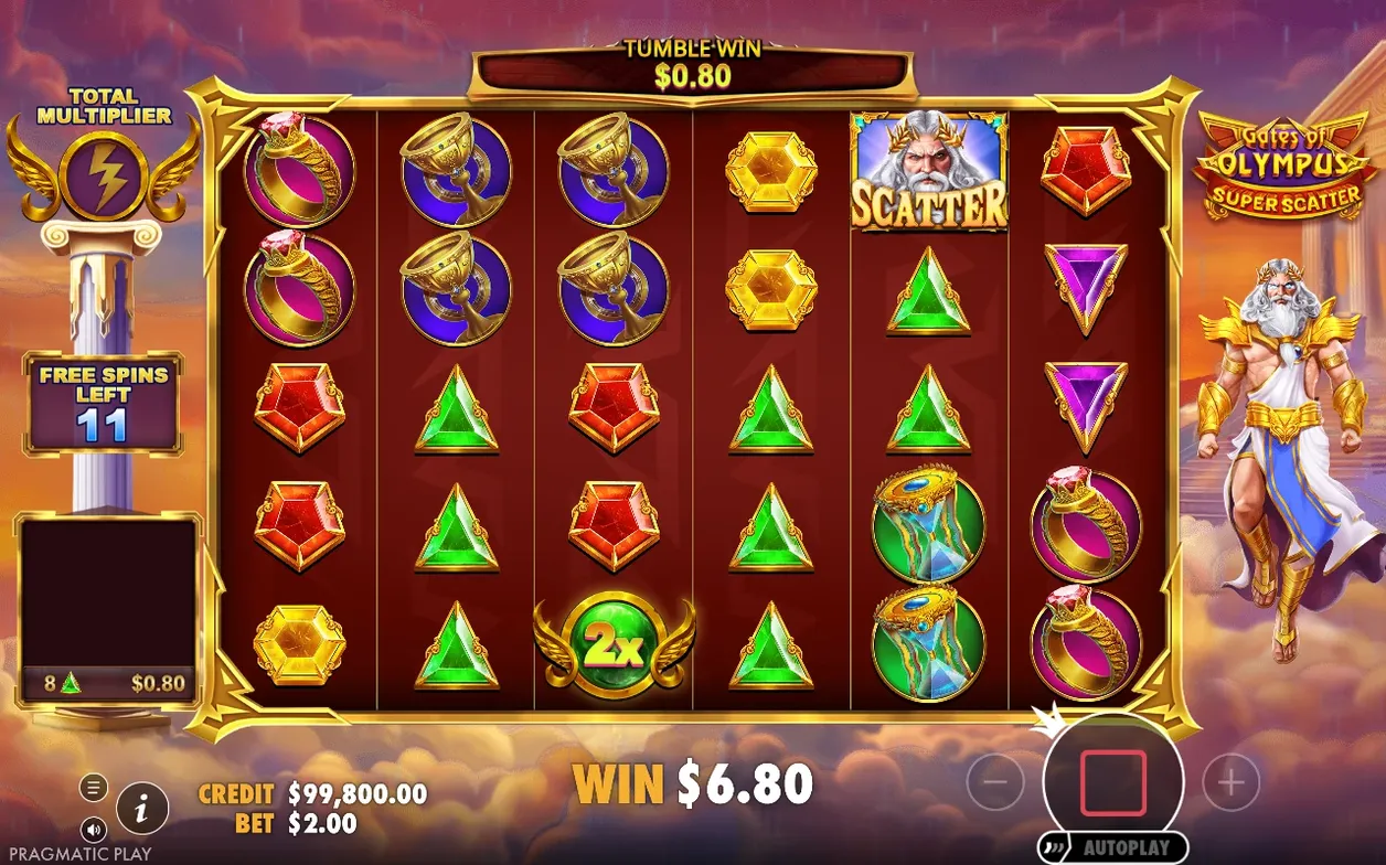 Gokkast tijdens free spins: tumble win $0,80, 2x-multiplier en 11 free spins over, winst $6,80.