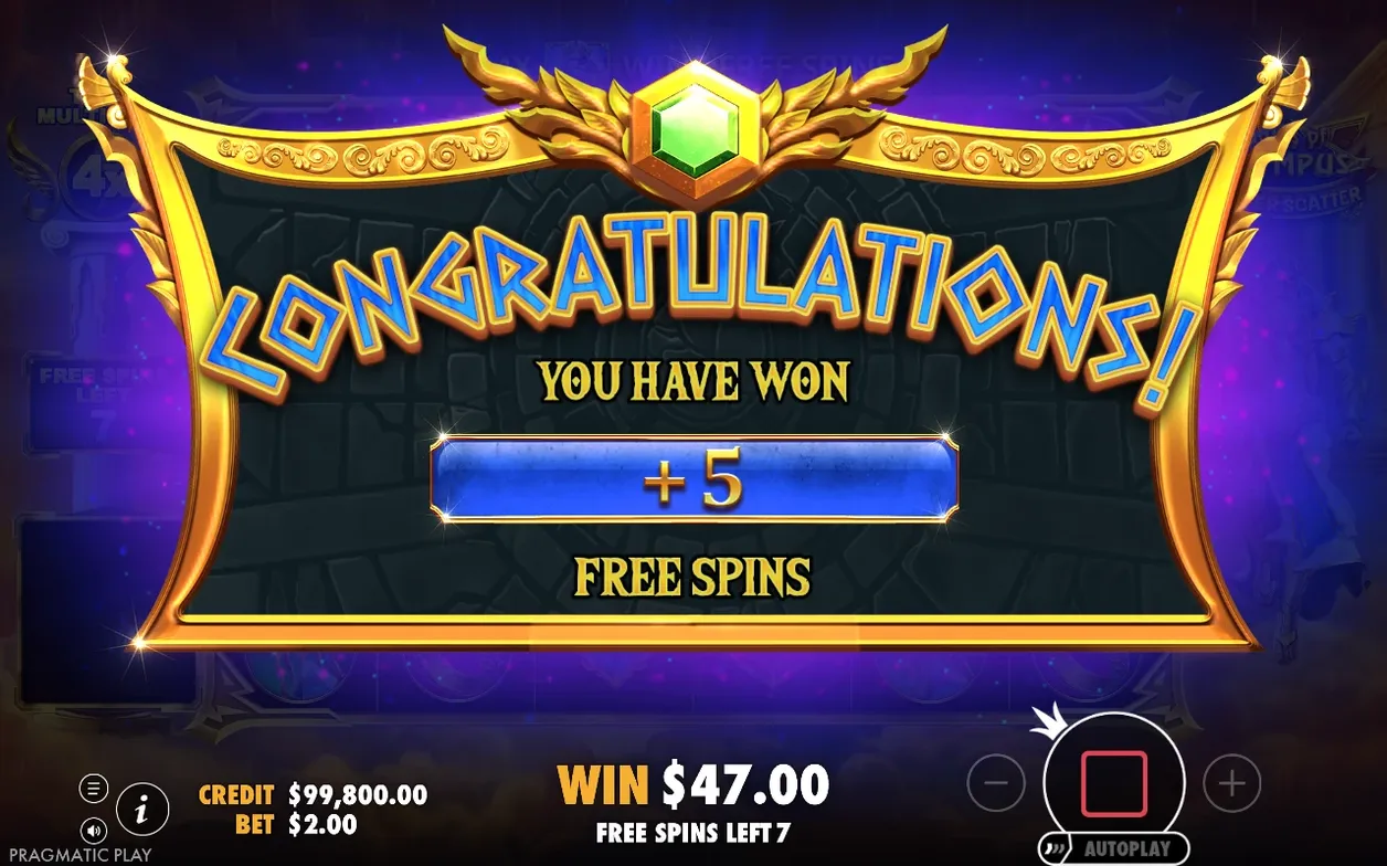 Gefeliciteerd-scherm meldt +5 extra free spins, winst $47,00 en nog 7 free spins over.