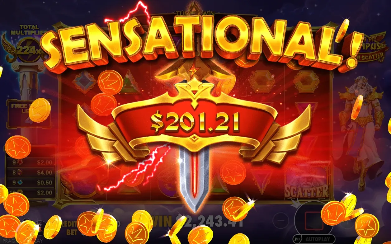 Sensationeel-scherm toont winst van $201,21 bij een totale multiplier van 224x tijdens super free spins.