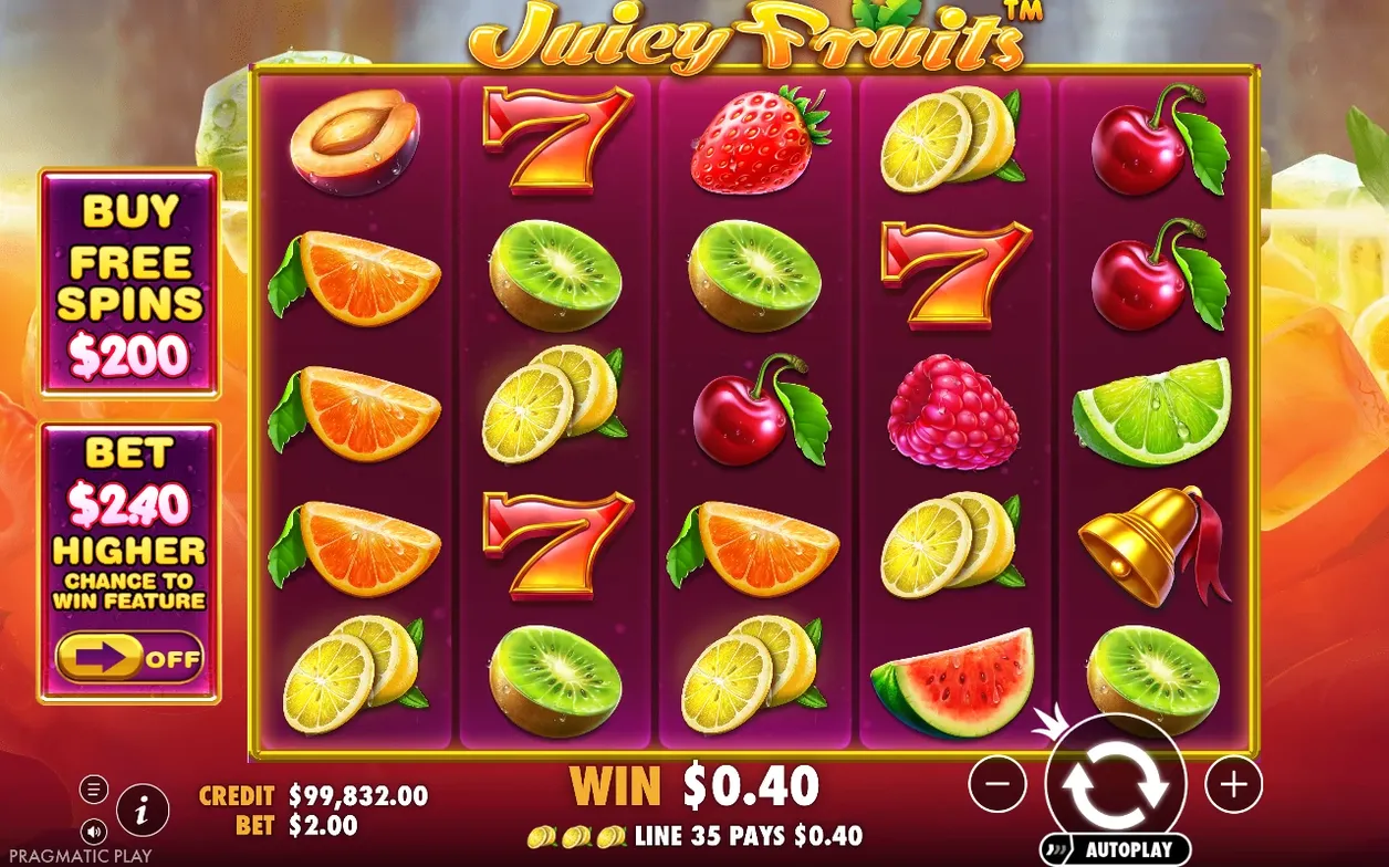 Het basisspel toont een vijf-bij-vijf rolraster met fruitsymbolen; WIN $0,40 op lijn 35, credit $99.832,00.