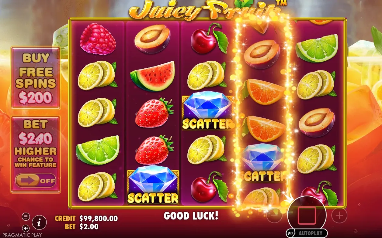 Een gouden gloed-animatie omlijst de rol terwijl 'Good Luck!' verschijnt, met twee zichtbare SCATTER-diamanten.