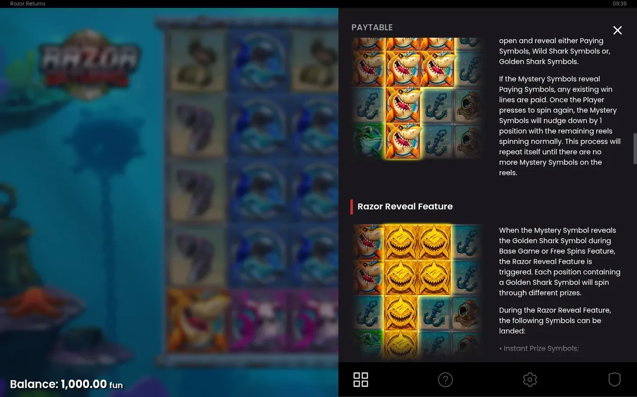 Paytable toont Mystery Symbols-grid en gouden shark-grid met uitleg over de Razor Reveal Feature.