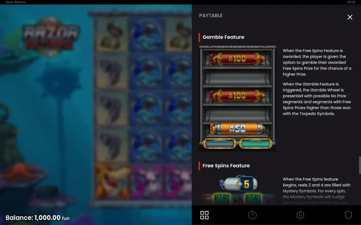 Paytable legt de Gamble Feature uit met torpedo-prijzen x100 en x50, naast de Free Spins Feature met multiplier x5.