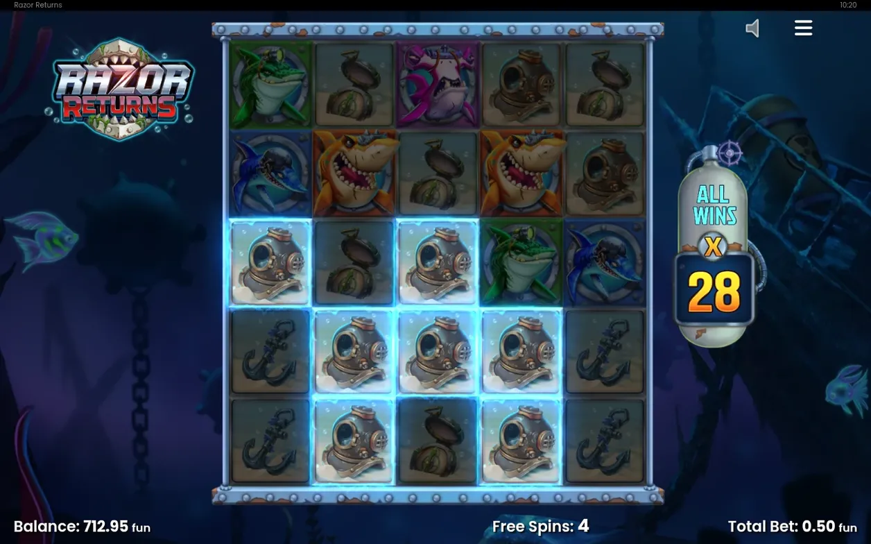 Free Spins-rooster met oplichtende duikhelmsymbolen, multiplier x28 en nog 4 free spins over, balans 712,95 fun.