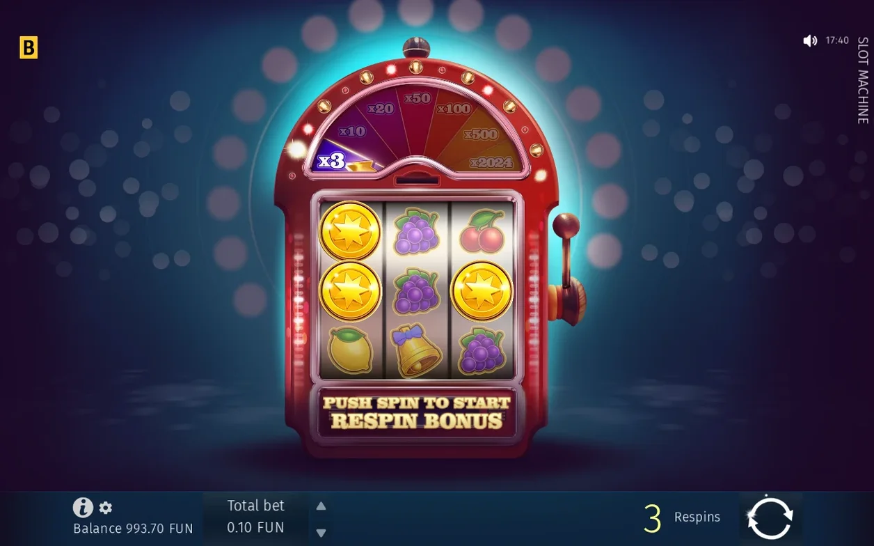 Zeven sterrenmunten op het rooster met de bonusmolen op x3 en teller op 3 respins tijdens de Bonus Game.