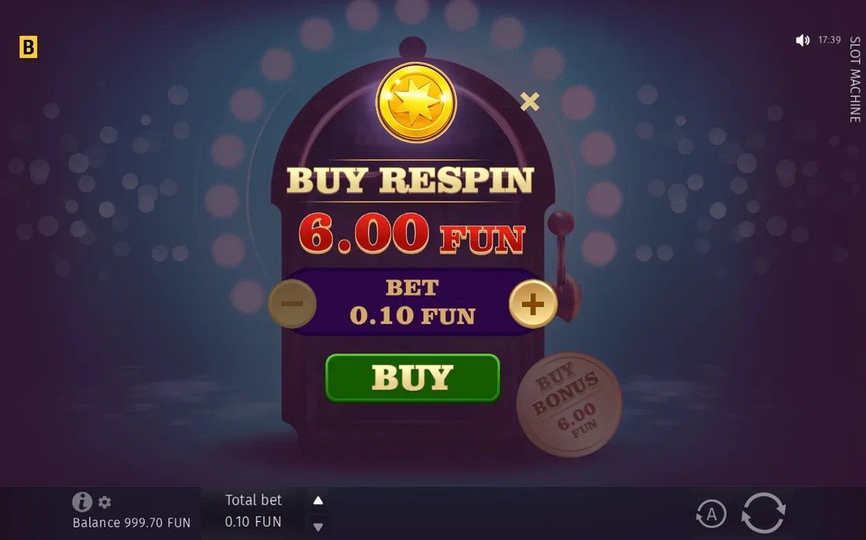 Buy Respin-venster toont prijs 6,00 FUN, instelbare inzet van 0,10 FUN en een groene BUY-knop.