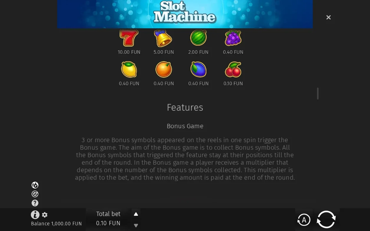 Paytable toont fruitsymbolen met waarden, zoals de 7 voor 10,00 FUN, gevolgd door de Bonus Game-uitleg.