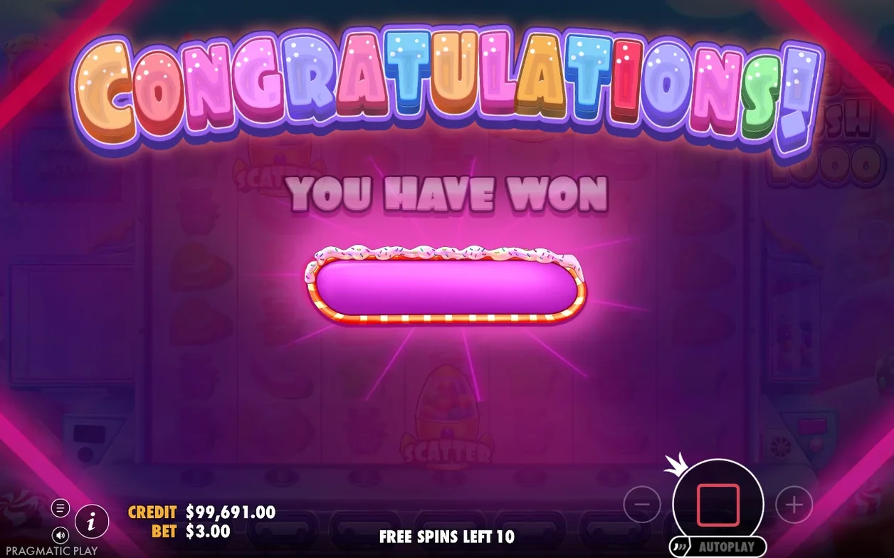 Congratulations-animatie toont een lege roze winstbalk terwijl Free Spins Left 10 nog actief is, bet $3.00.