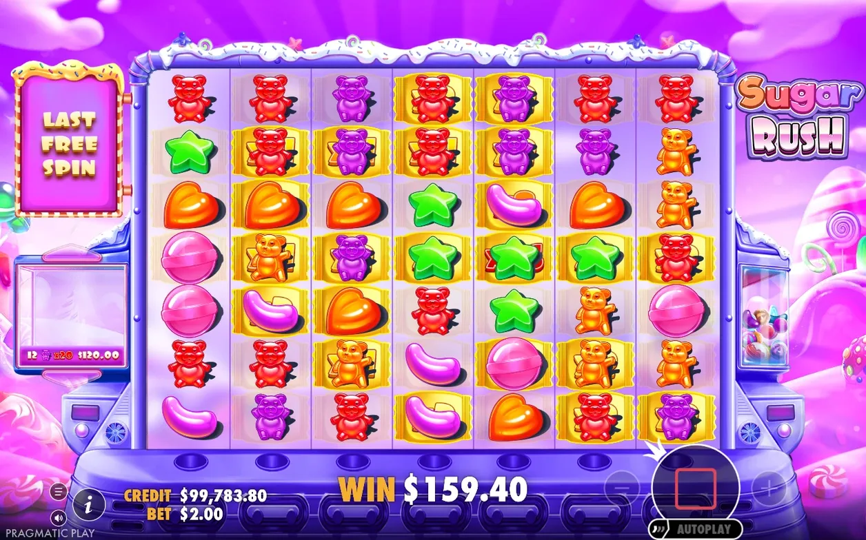 Grid vol beertjes en snoep tijdens laatste free spin, linkerpaneel toont 12 x20 $120.00, WIN $159.40.