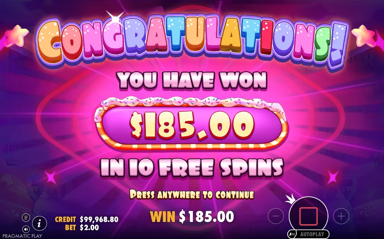 Congratulations-scherm meldt $185.00 gewonnen in 10 free spins, credit $99.968,80 onderin.