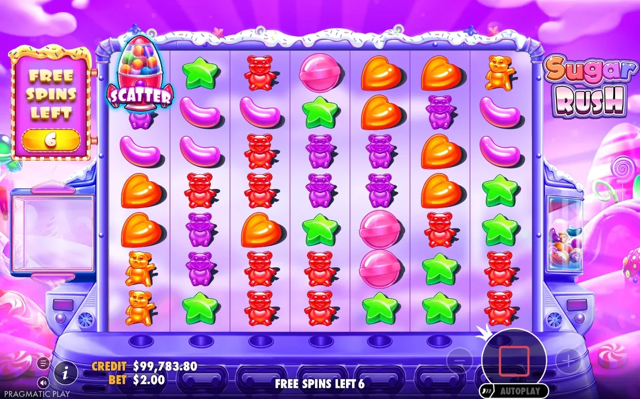 Tijdens free spins resteren nog 6 spins, SCATTER-symbool zichtbaar op de eerste kolom tussen snoep.