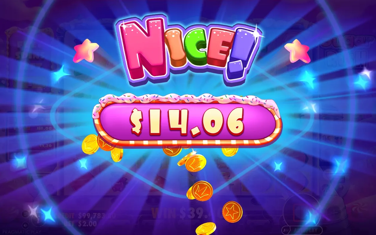 Paarse NICE!-scherm toont tussentijdse winst van $14.06, omringd door vallende gouden munten en sterren.
