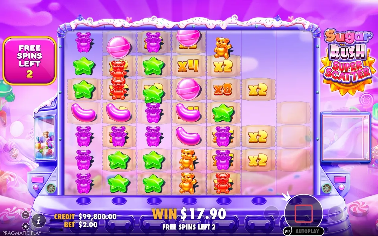 Paars rooster toont multipliers x4, x8 en x2 tussen beren en sterren, winst $17,90, nog 2 free spins over