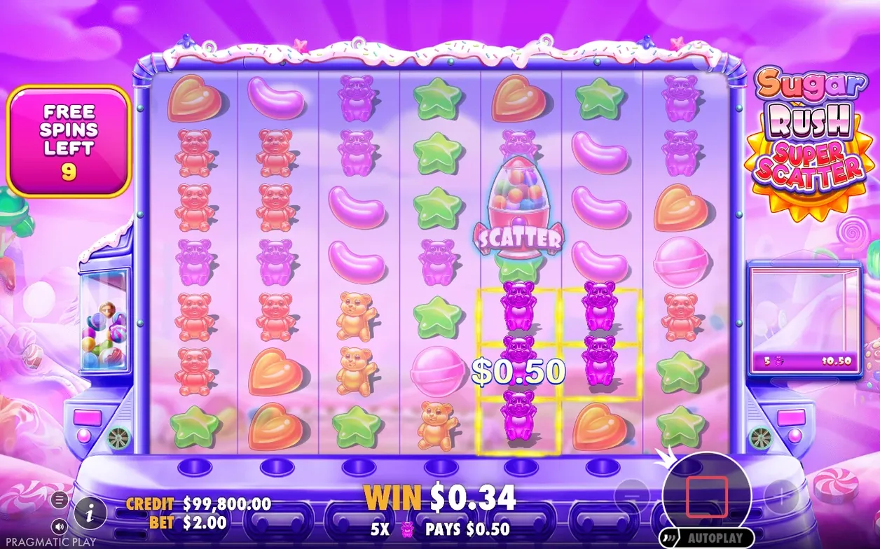Free spins met gele cluster van 5 paarse beren, winst $0,34, 5x pays $0,50, nog 9 spins over