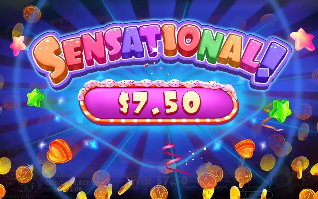 Sensational-winstscherm toont $7,50 op roze snoepplaat met confetti en vallende gouden munten