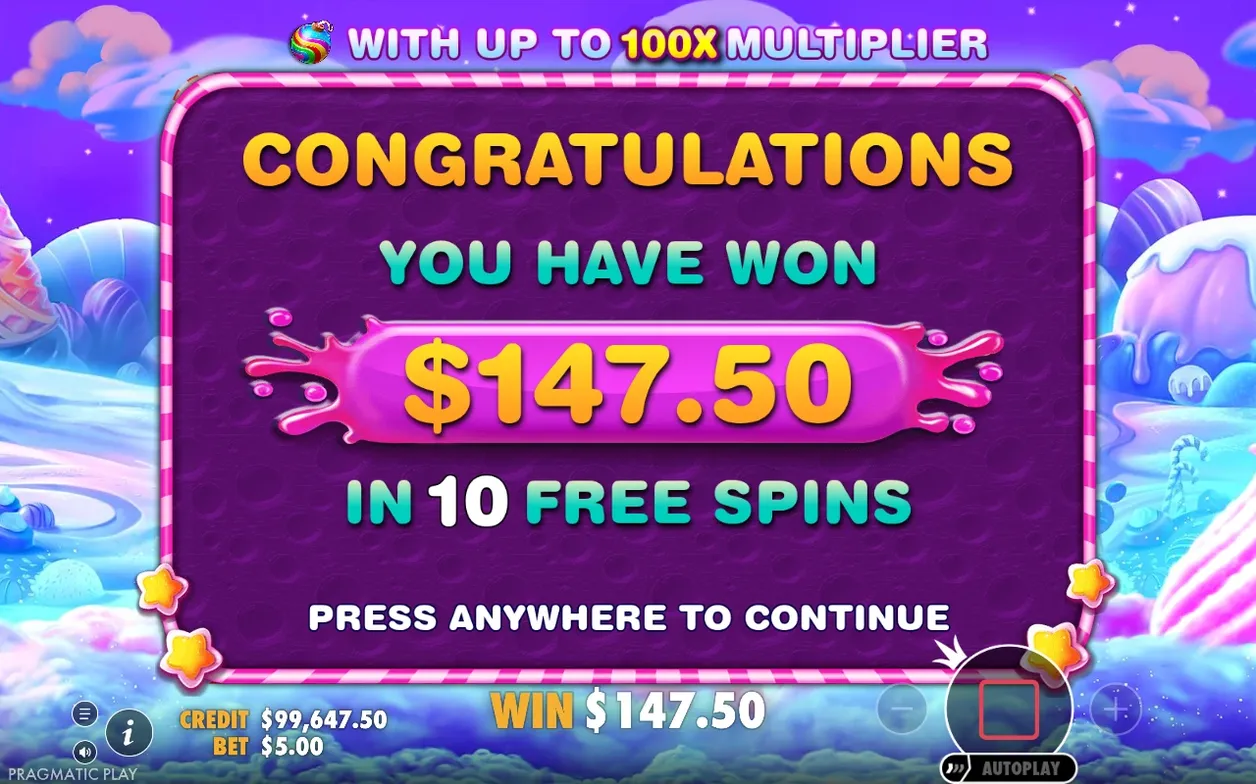 Paarse winpopup meldt $147,50 gewonnen in 10 free spins, met sterren en roze band.