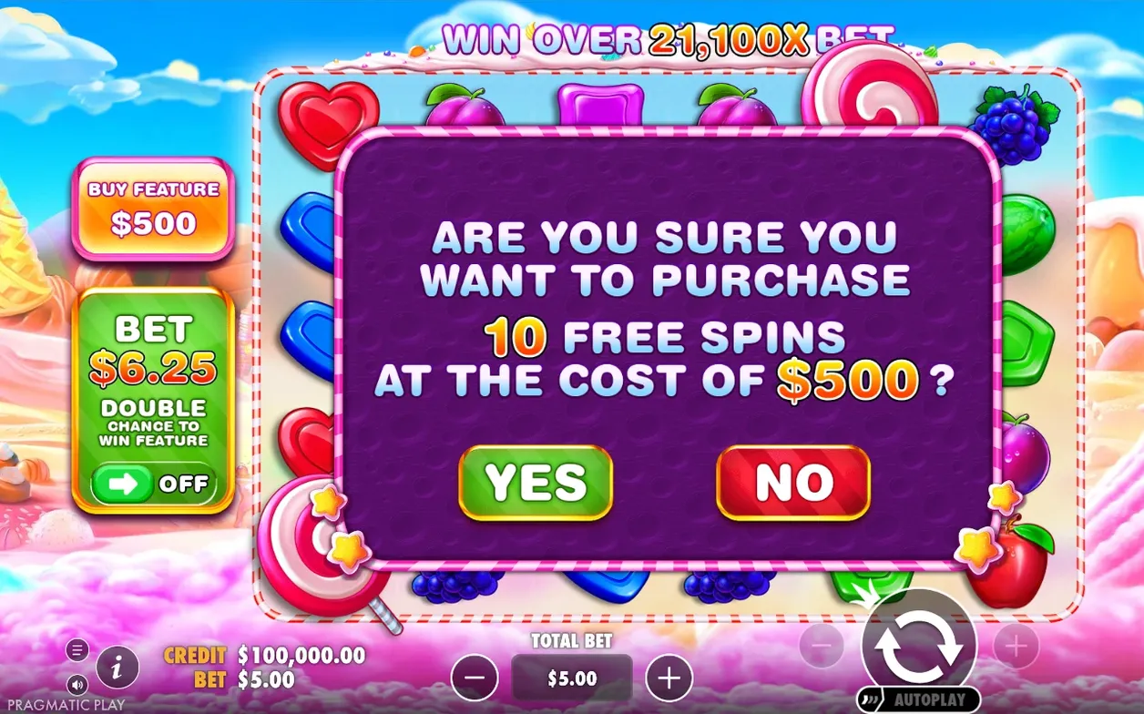 Bevestigingsvenster voor aankoop van 10 free spins voor $500, met Ja- en Nee-knop.