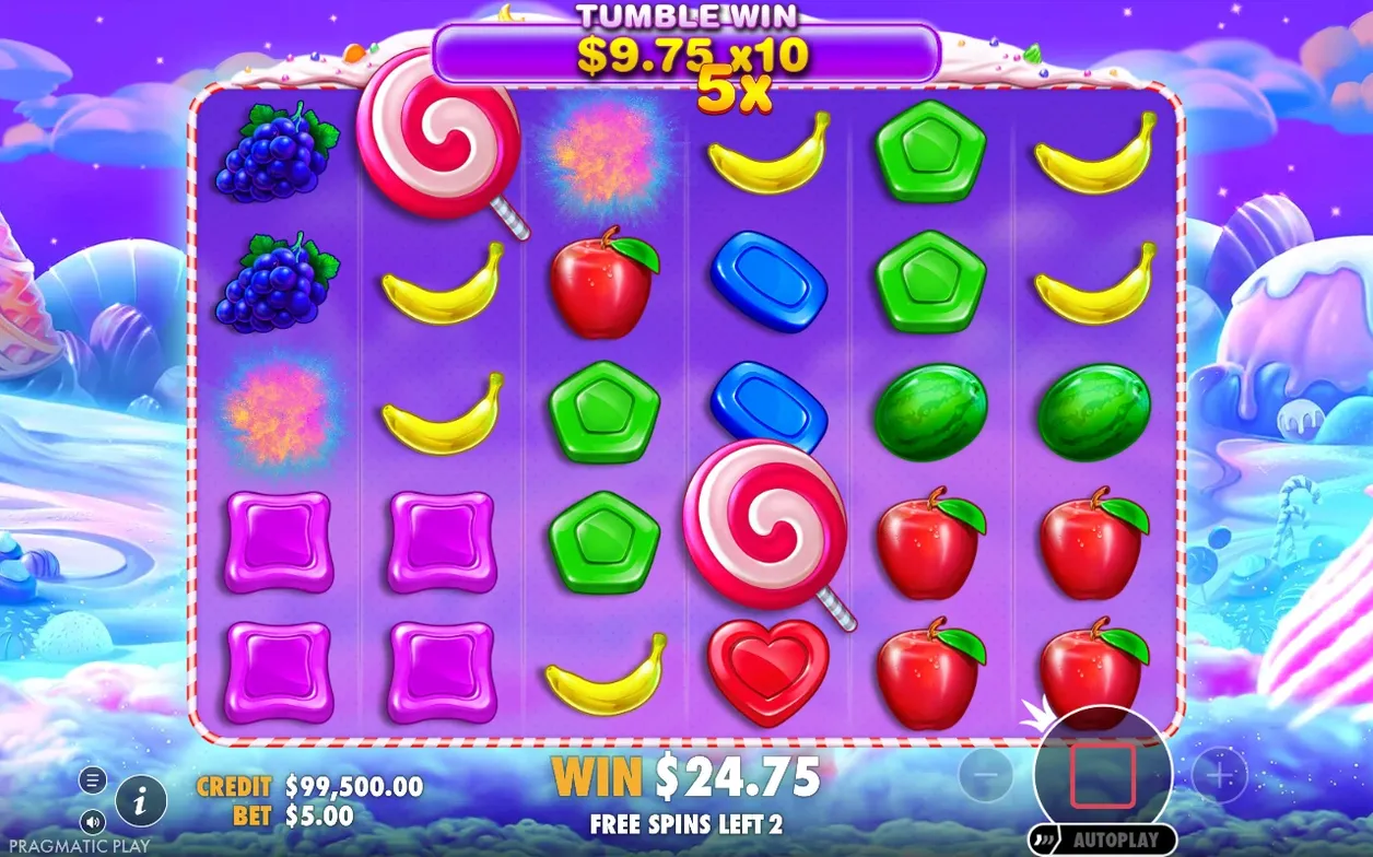 Tumble win toont $9,75 x10 en een multiplier van 5x, totale win $24,75, nog 2 free spins over.